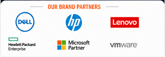 Brand partners including Dell, HP, Lenovo, Hewlett Packard Enterprise, Microsoft Partner and VMware